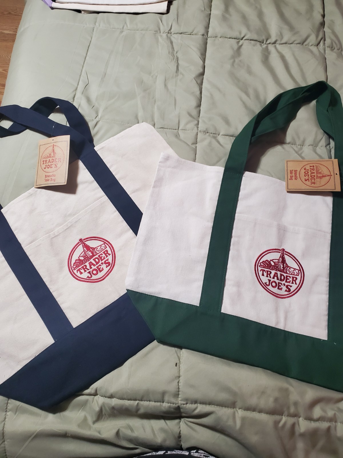 Trader Joe’s Canvas Large Tote Bag, Dark Hunter Green Amd Navy Blue, NWT