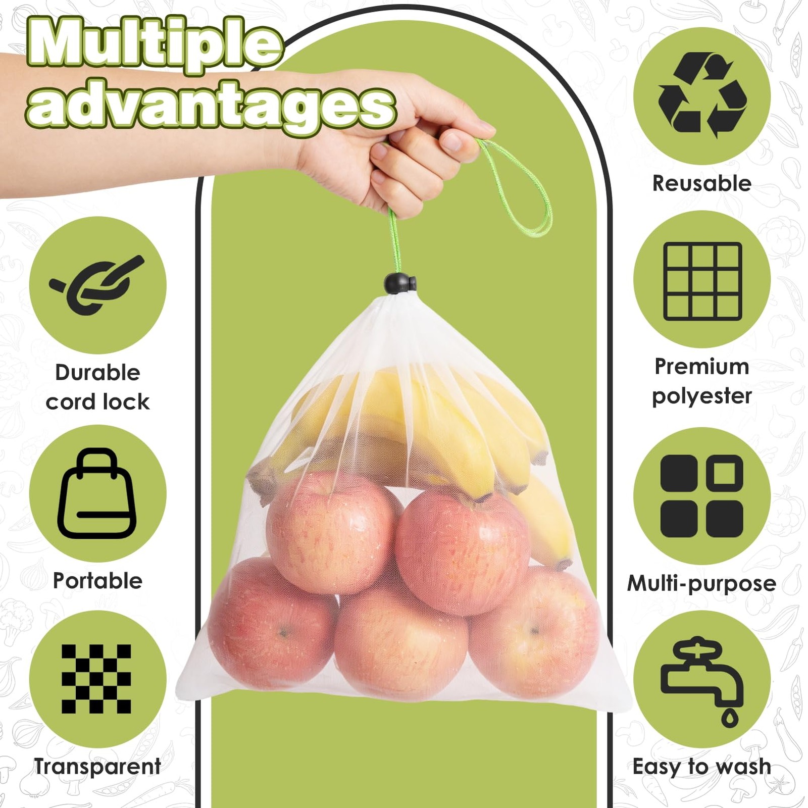 PUREZON 20 Pack Produce Bags, Reusable Mesh Bags 11.8″x16.53″, White