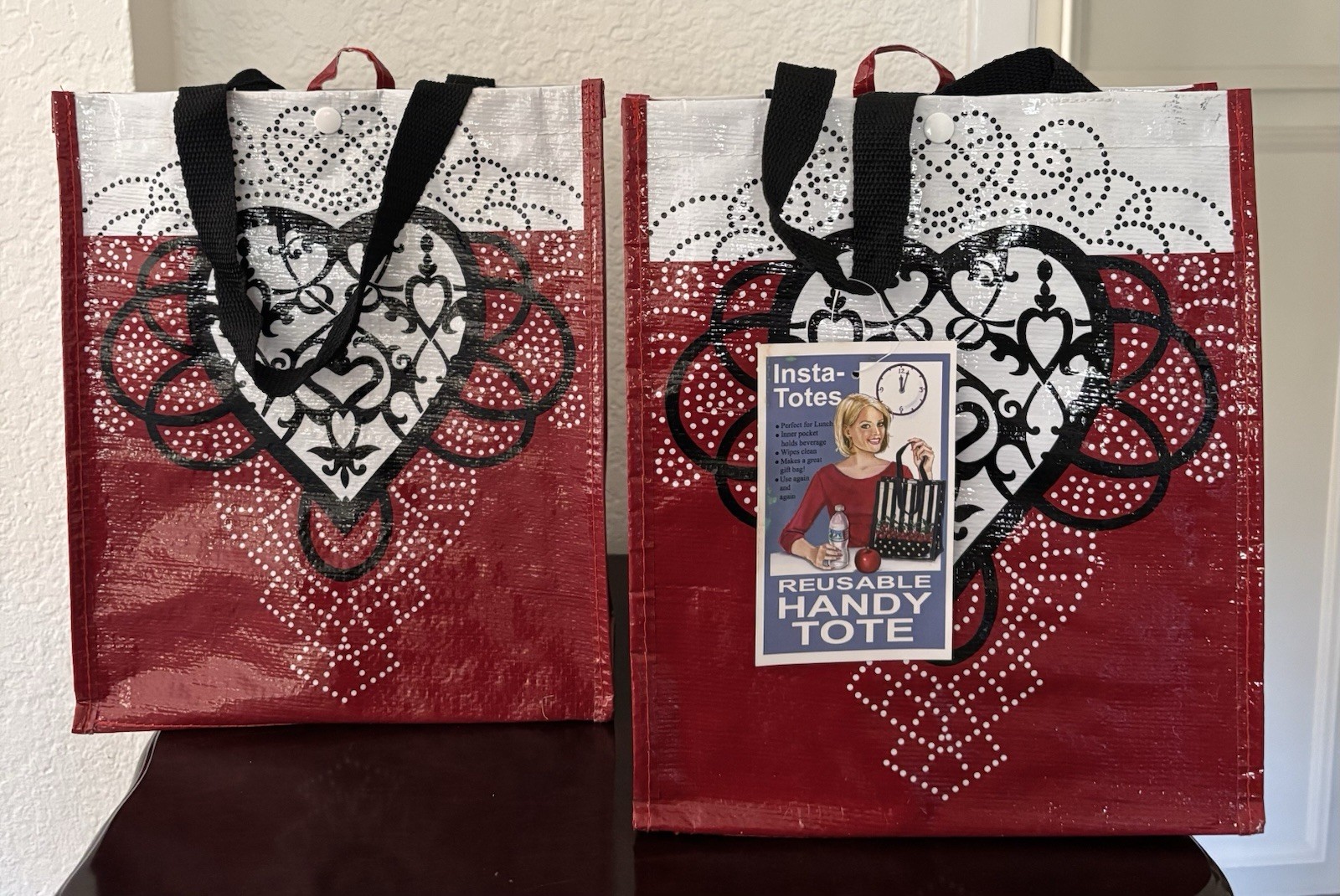 2007 Patty Reed Just Bag It Insta Totes Reusable Red & Black Dotted Hearts