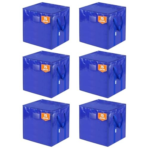 Extra Large Moving Bags with Zippers & Carrying Handles, 6 Pack Blue-75 Gallon