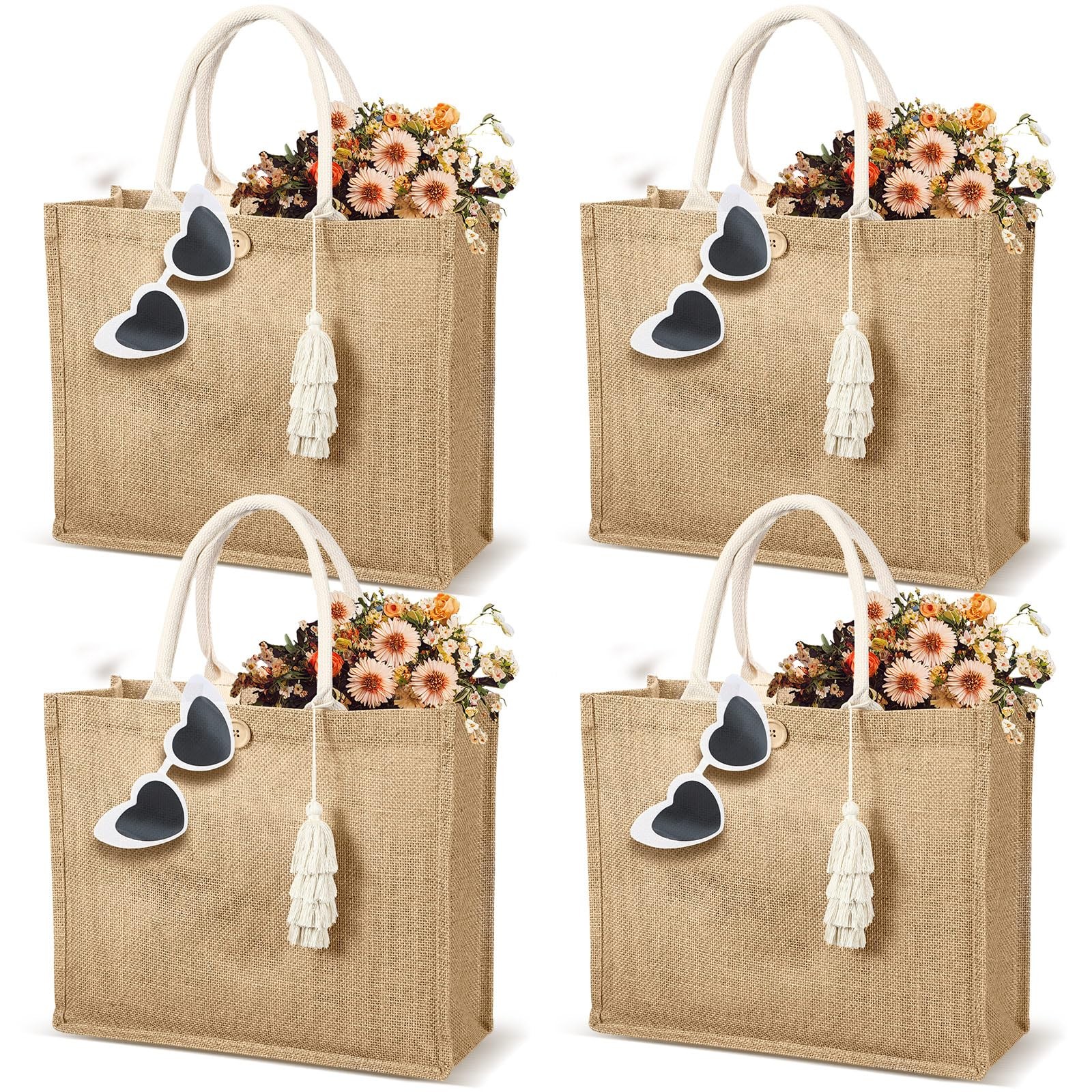 4 Pack Burlap Tote Bags for Women Bridesmaid Jute Gift Bag with Handles and T…