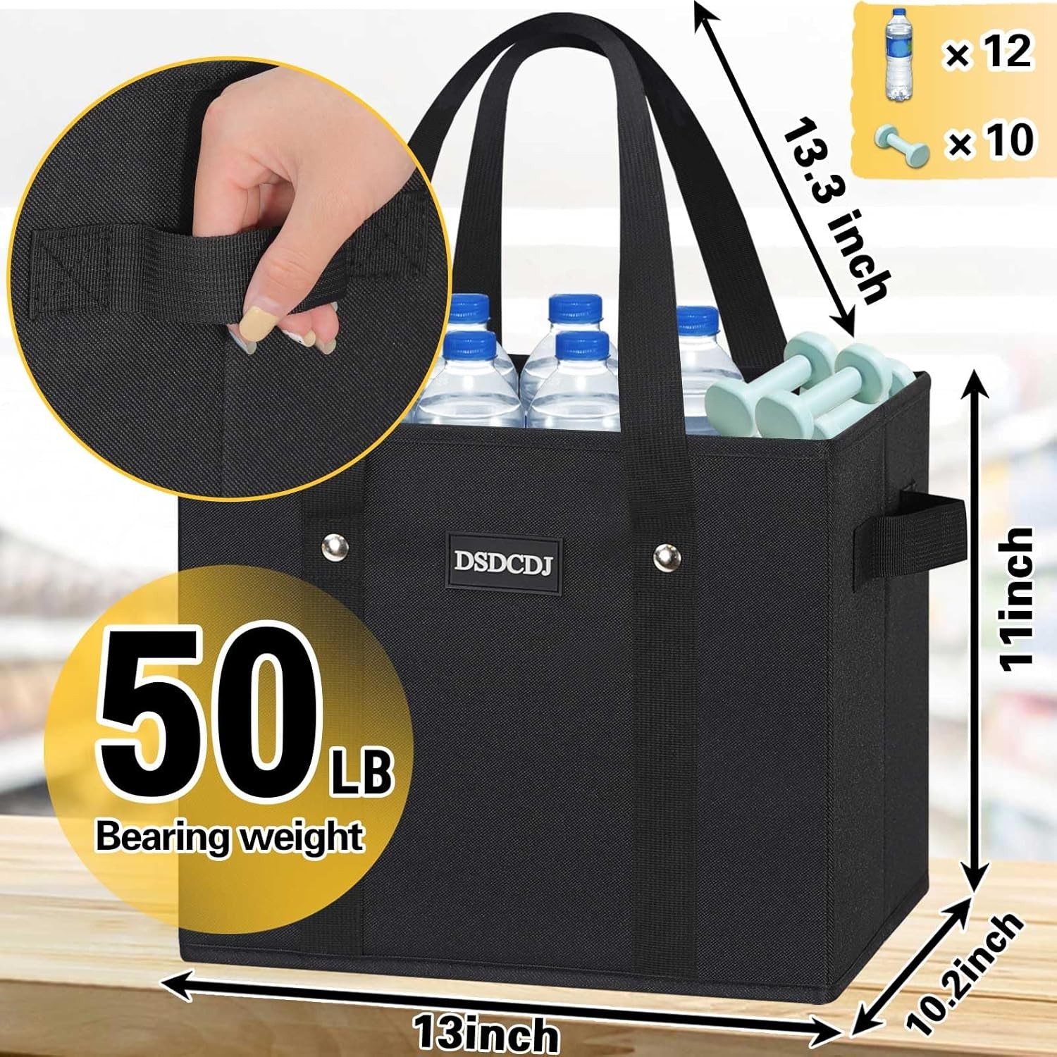 Heavy Duty Reusable Grocery Bags 3 Pack with Hard Bottom and Durable Handles