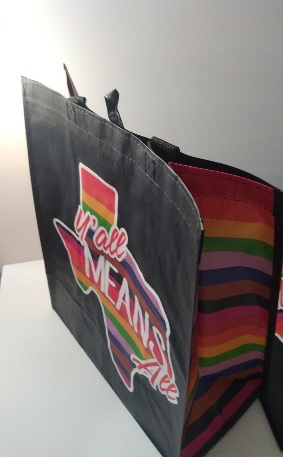 4 LGBTQ Y’ALL MEANS ALL Reusable Tote Shopping Bags 14 x 15.5 Pride Texas HEB