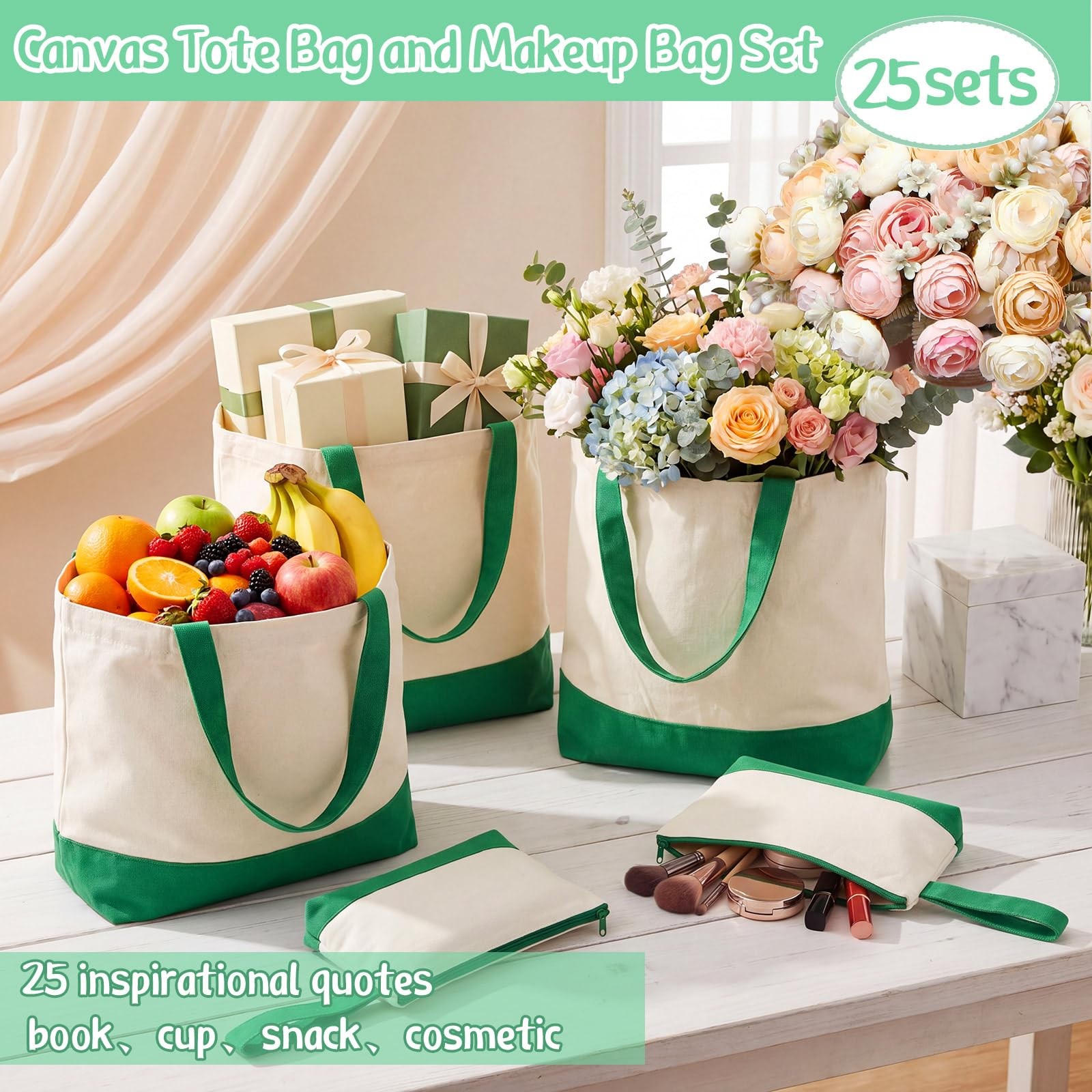 50 Pcs Canvas Tote Bags Bulk with Zipper Cosmetic Pouch 18.5″ Reusable Cotton…