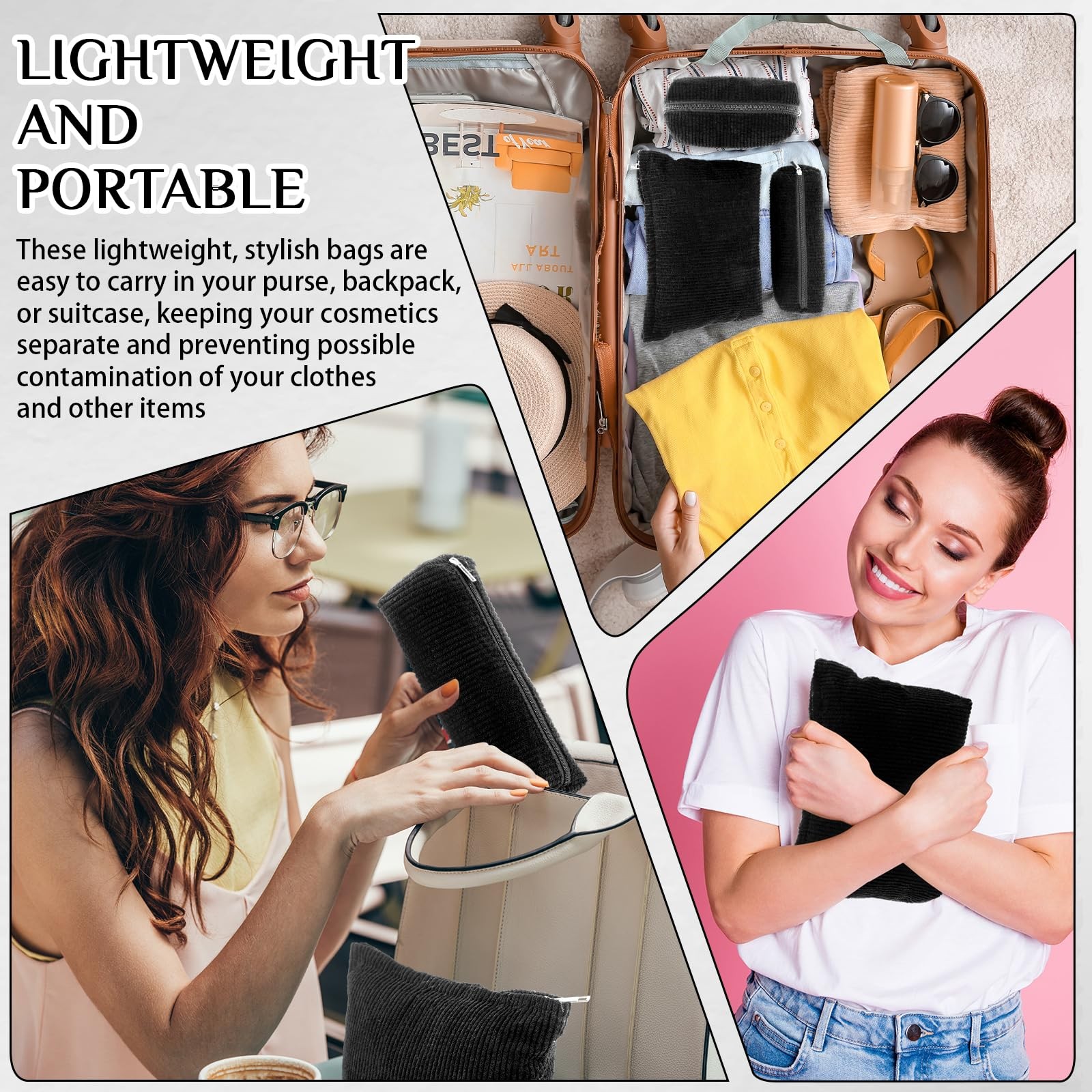 Huhumy 3 Pcs Makeup Bag Set for Women Corduroy Cosmetic Pouch Aesthetic Black