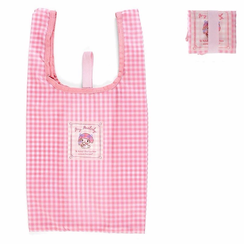 Sanrio My Melody Pink Gingham Reusable Nylon Tote Bag, Easy Fold, 10×4.7x12in