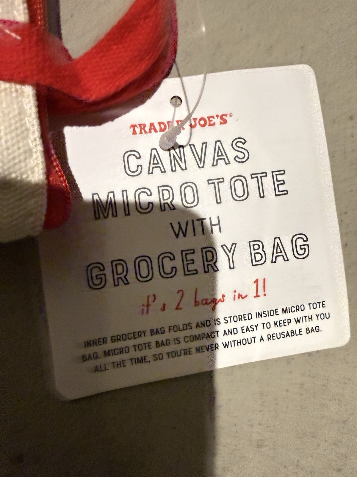 Trader Joe’s Canvas Micro Tote w/ Grocery Bag 2-Piece Set Foldable Red Beige