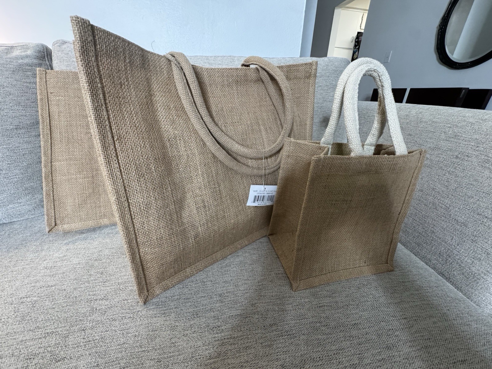 MUJI Set of 3 Reusable Jute Tote Bags Beige Cotton Handles 15-1/2×13-3/4×6″