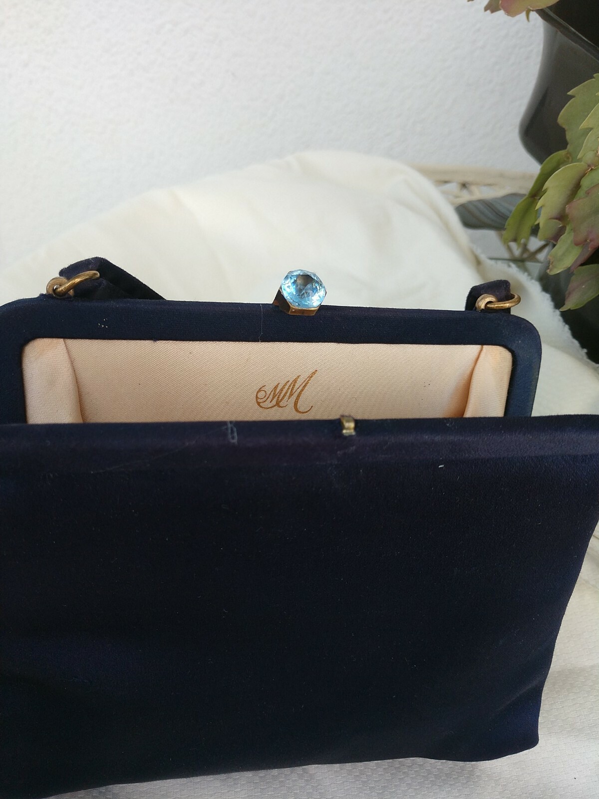 Vintage Bag Small Navi Blue. , W Blue Topasio ?Clasp Cristal? 7 X 7 1/2 silk