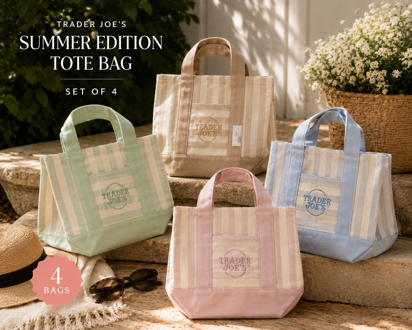 Set of 4 different Trader Joe’s Summer Edition Tote Bags