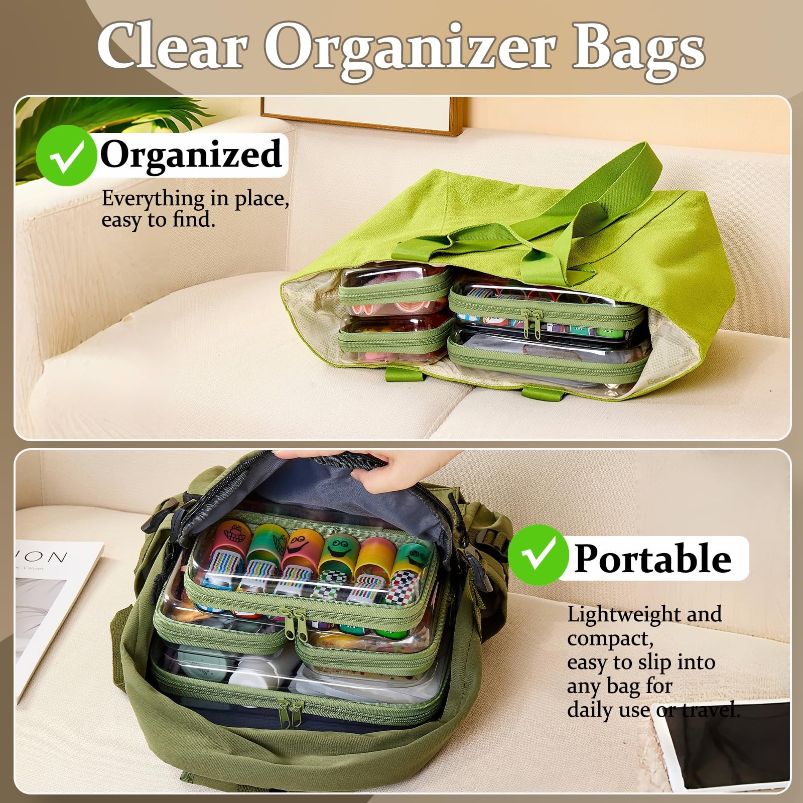 WELPIRT 4 pcs Clear Zipper Pouches,Hard Shell Case, M+3S, Mint Green