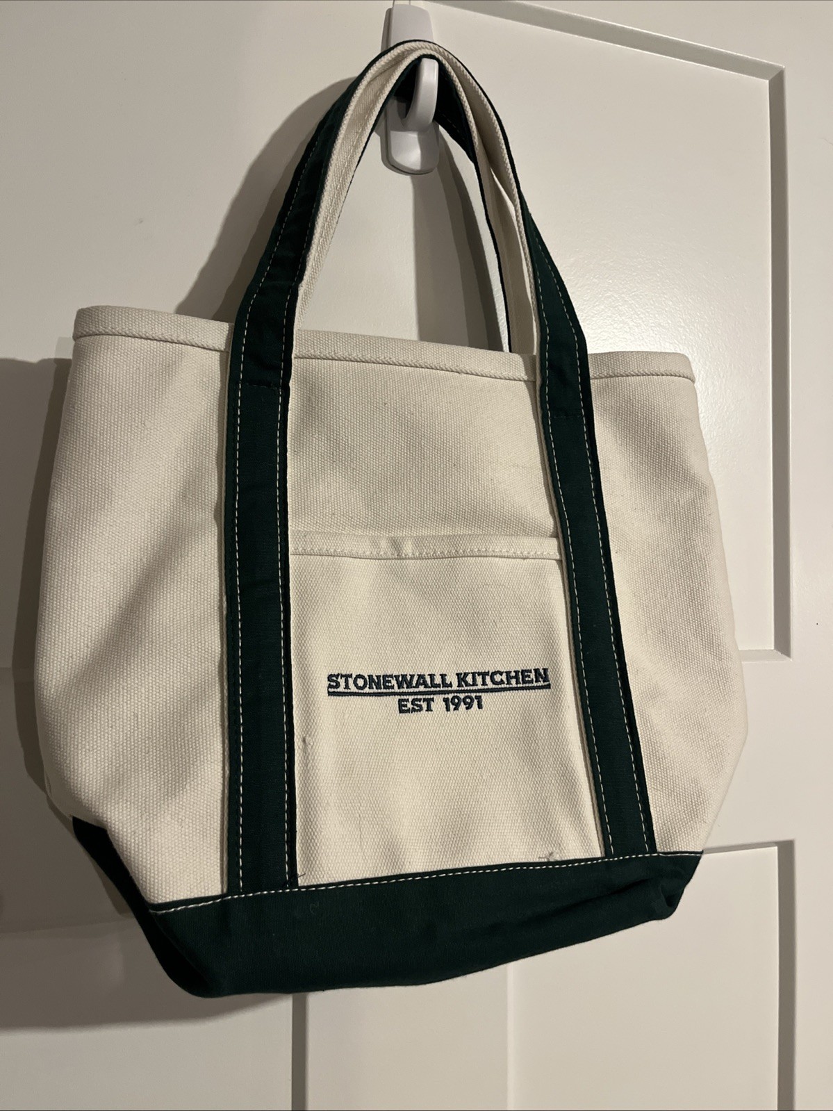 Stonewall Kitchen Canvas Tote Bag Small White & Green Pockets Heavy Duty