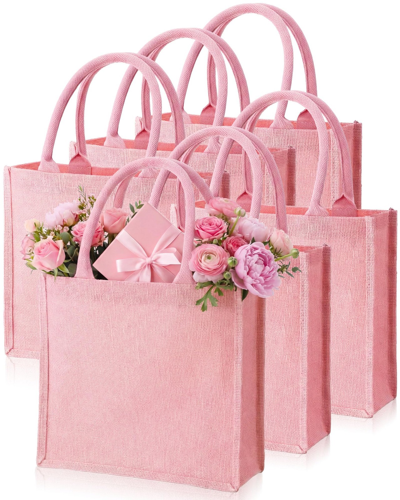 6 PCS Burlap Tote Bags Handles Reusable Pink Jute Waterproof 12.2x11x4.7 Inch