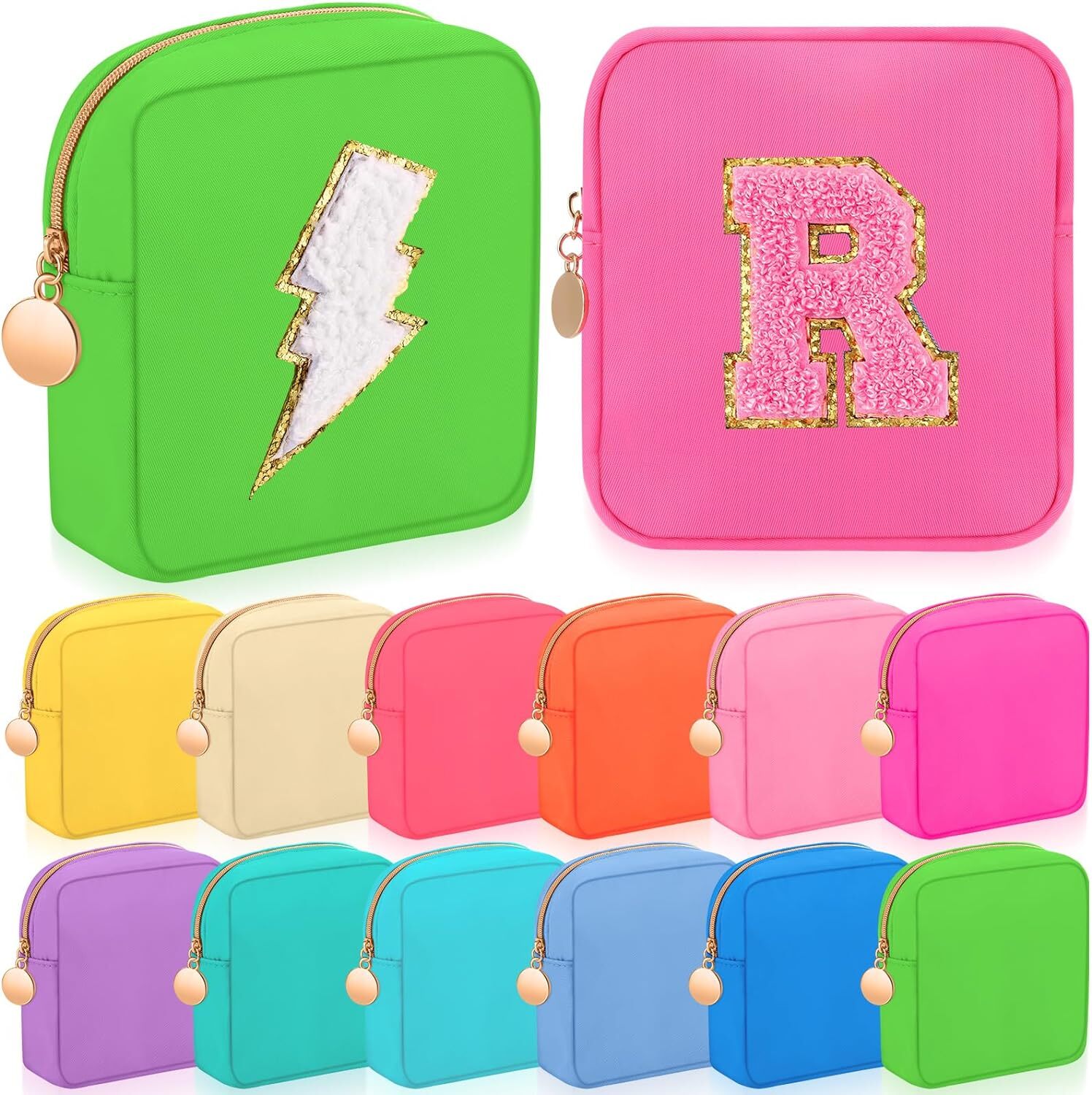 12 Pcs Mini Square Nylon Pouch Makeup Bag with Zipper Small Bright Color