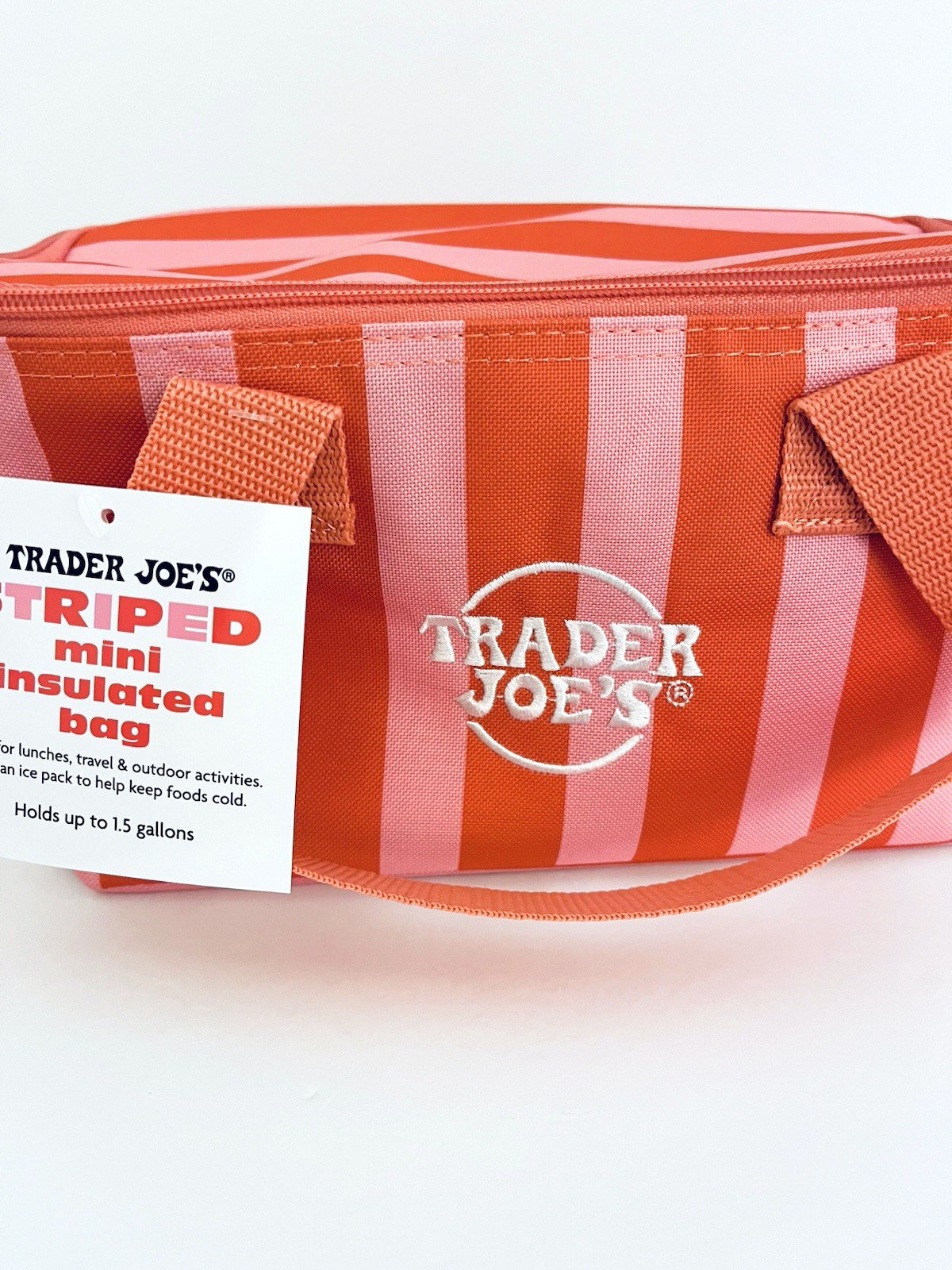 Trader Joe’s Striped Mini Insulated Tote Bag 2026 New Pink Red Stripes NWT