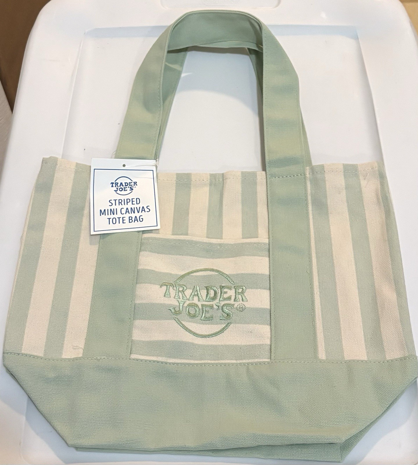 Trader Joe’s Mini Canvas Tote Bag Green Striped 13x6x10 in New