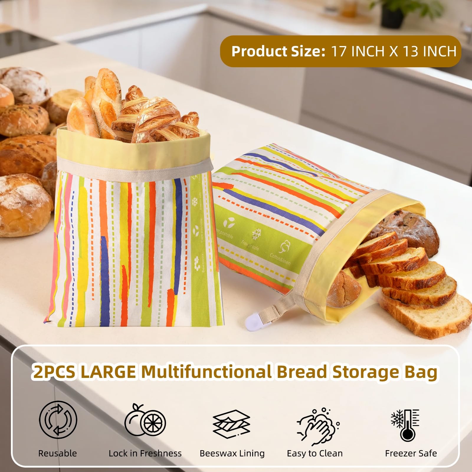 2 Pack Beeswax Bread Bags for Sourdough Homemade X-Large, colour stripe