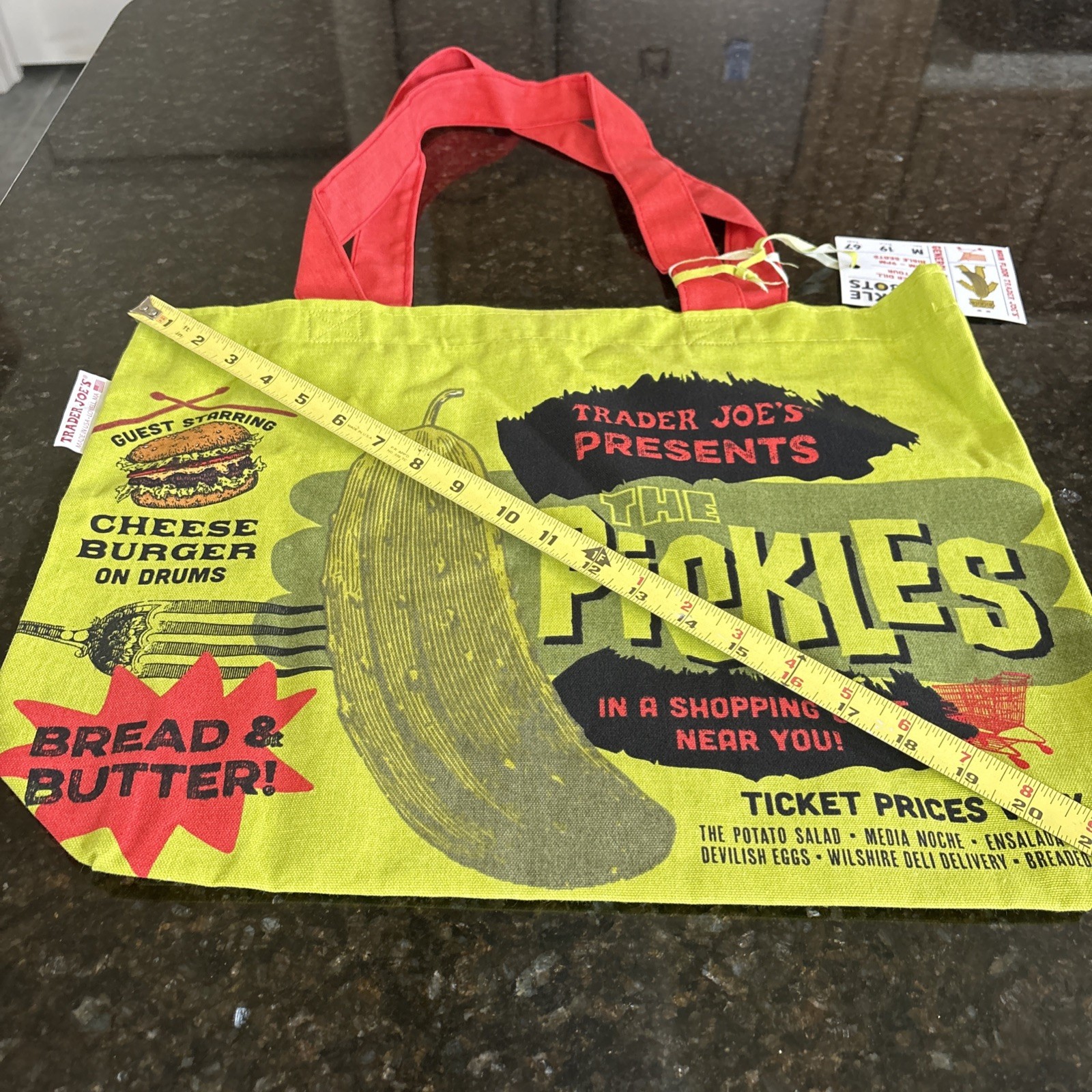 Trader Joe’s PICKLE IN A JAR Canvas Cotton Tote Reusable Grocery Tote Bag Green