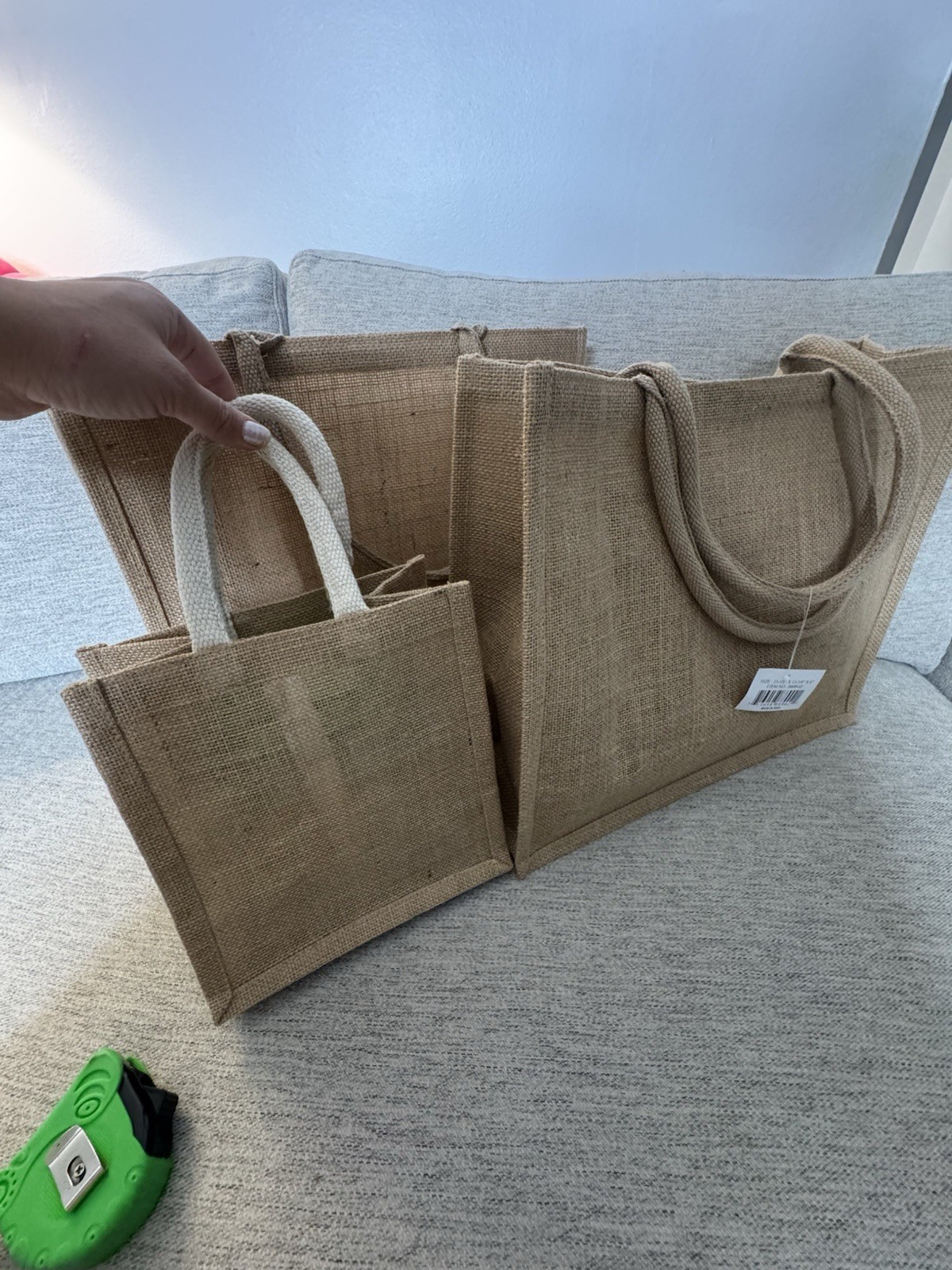 MUJI Set of 3 Reusable Jute Tote Bags Beige Cotton Handles 15-1/2×13-3/4×6″
