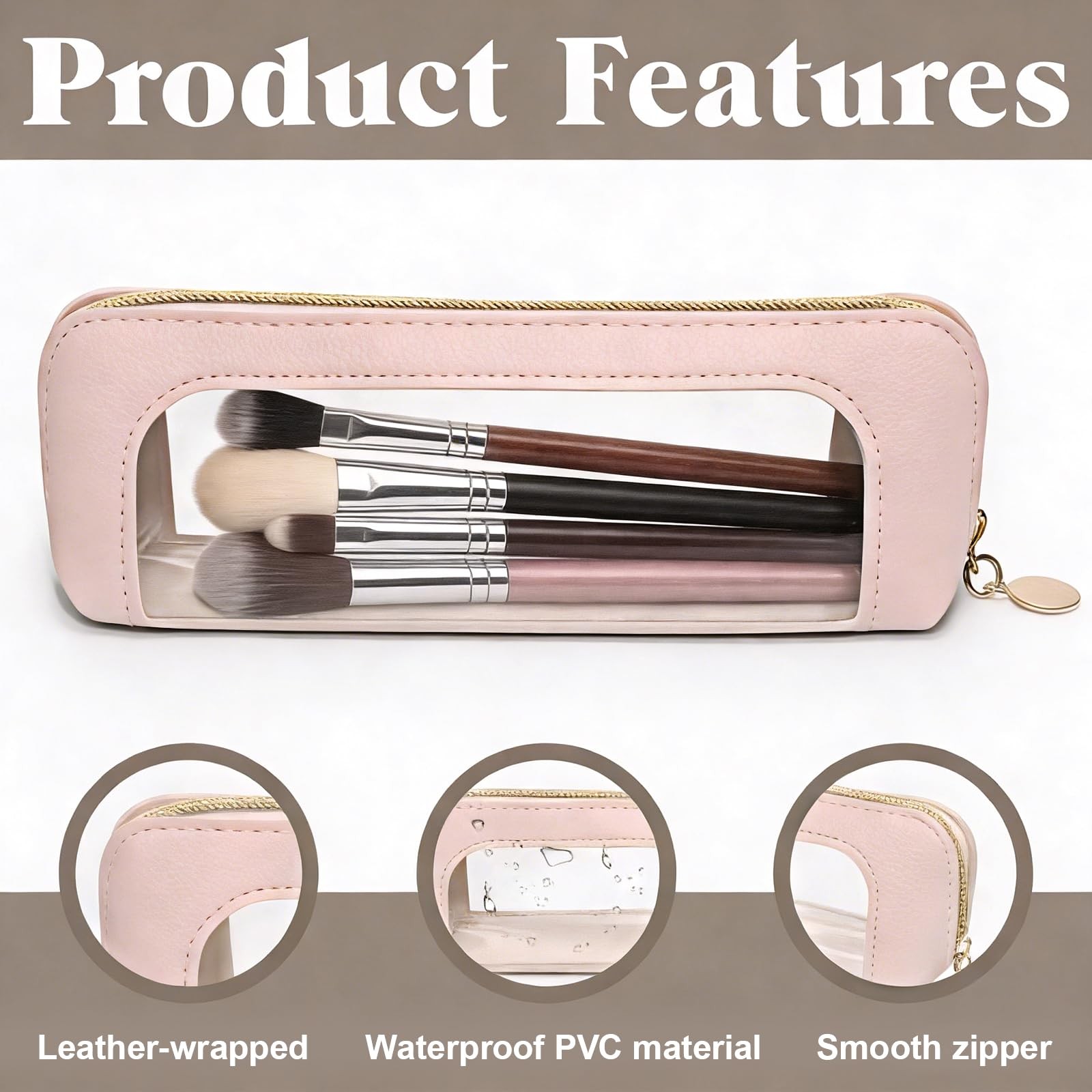 Ayzylpth Small Clear Makeup Bag, Pink PU Leather Travel Brush