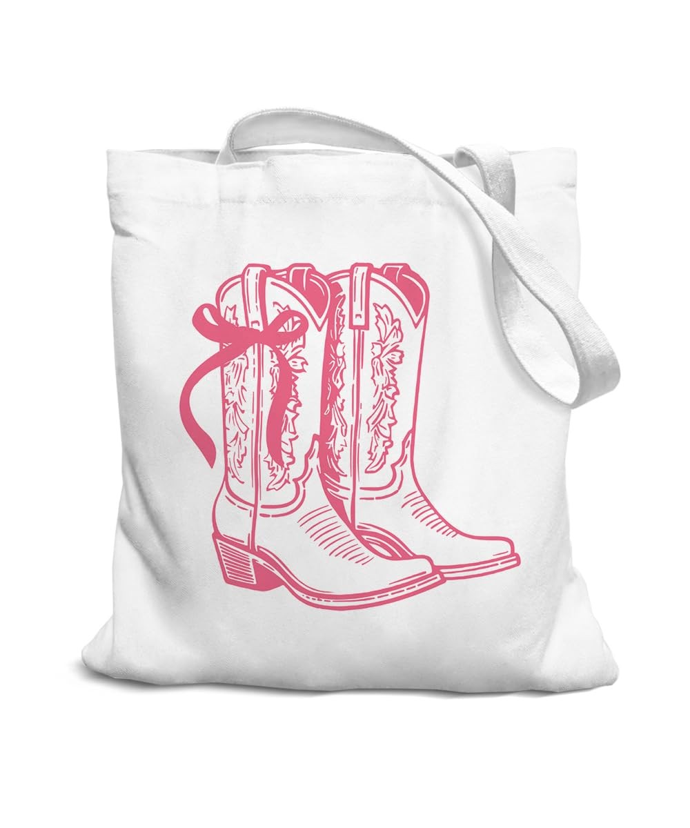 Cowgirl Boot Western Pink Bow Canvas Tote Bag for , Coquette Pink Bow Cowgirl…