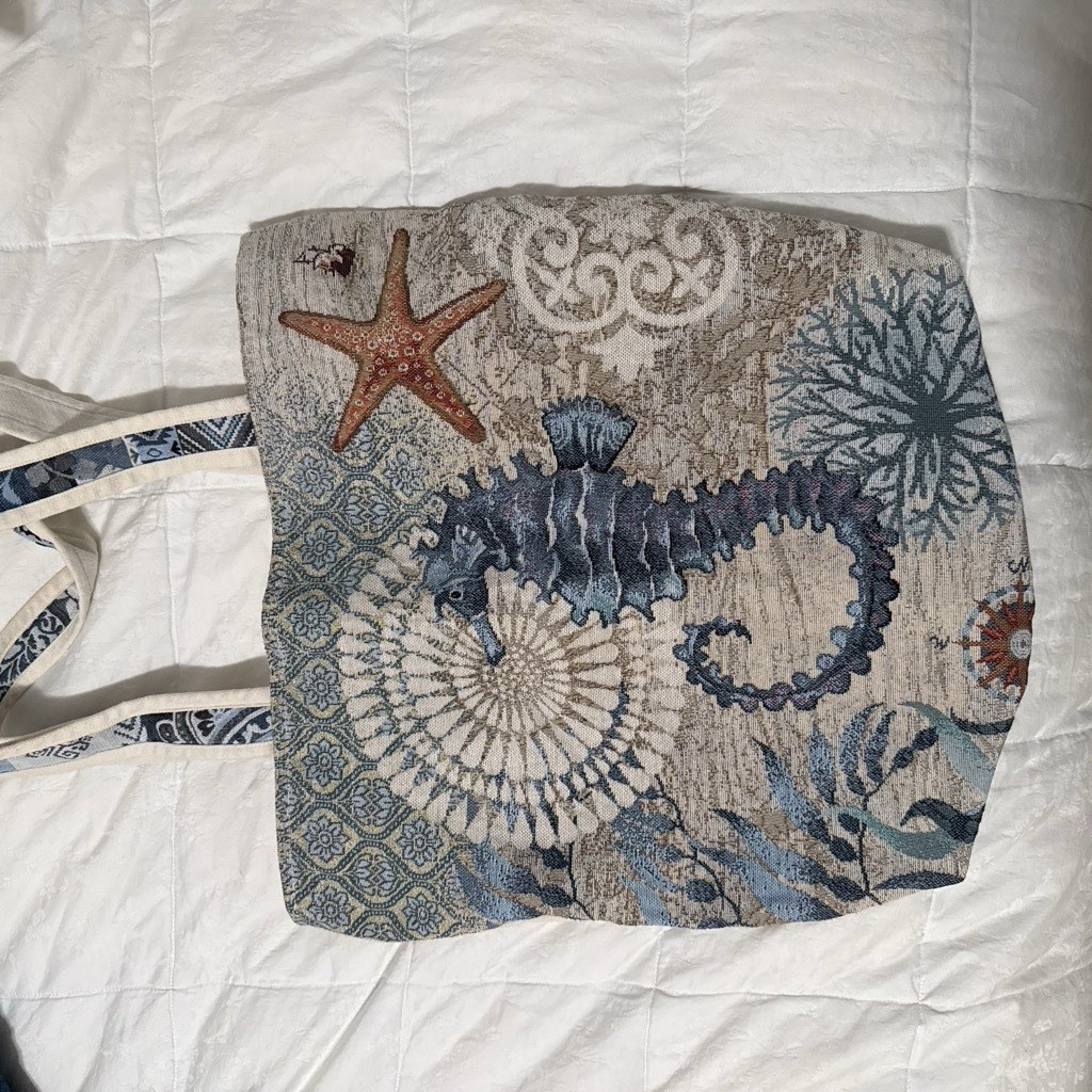 Canvas Zip-Top Tote Bag Sea Life Pattern Multicolor Medium 20x12x14 in