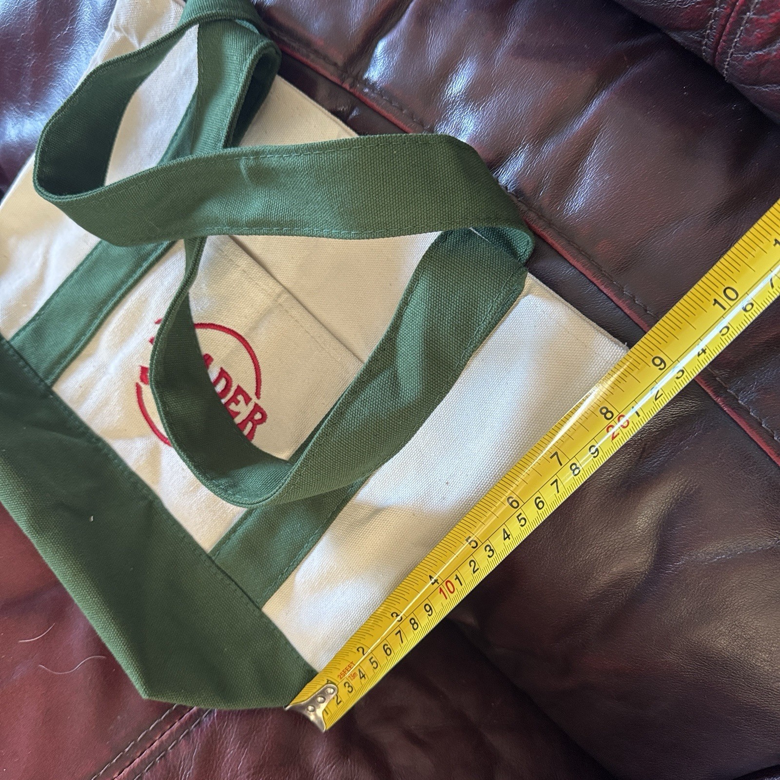Trader Joe’s Canvas Tote Reusable Foldable Bag Green & White, Red Lettering