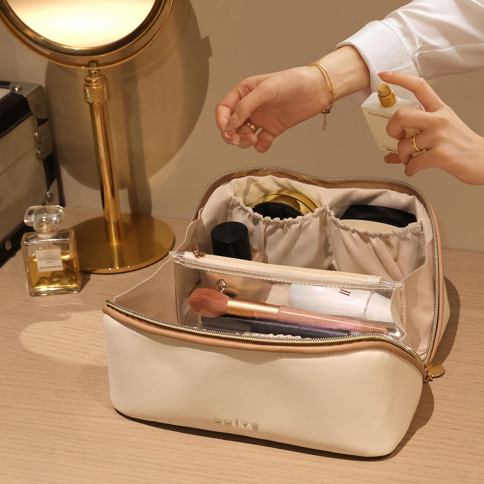 Prite Makeup Bag for Women Travel Waterproof Vegan Leather Medium, Beige