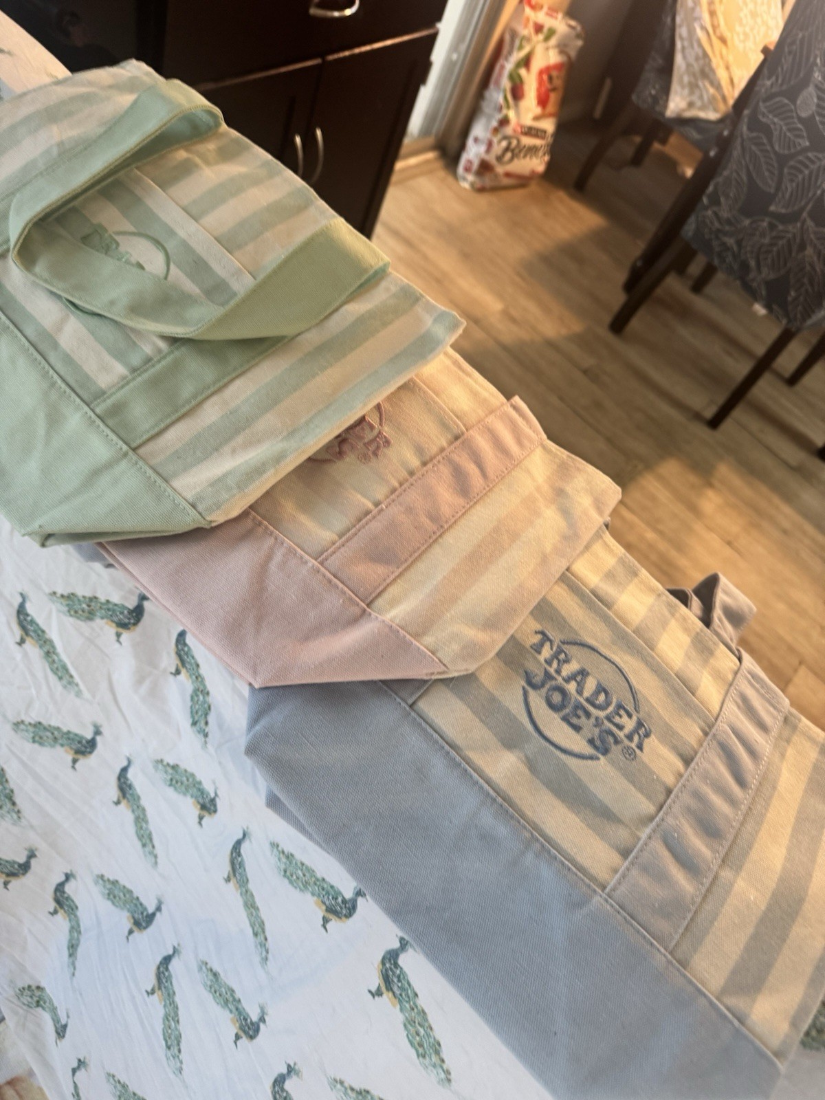 TRADER JOE’S MINI PASTEL STRIPE CANVAS TOTE BAGS PINK BLUE GREEN BEIGE. Limited!