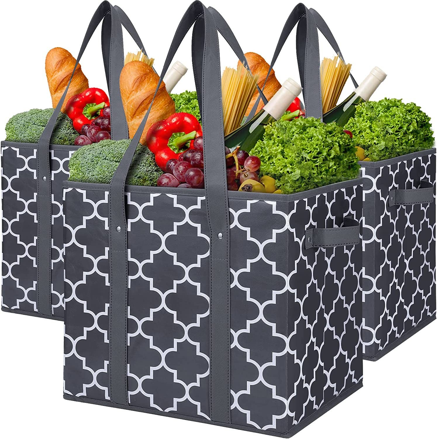 Reusable Grocery Bags 3-Pack Foldable Washable Large Storage Bins Basket Wate…