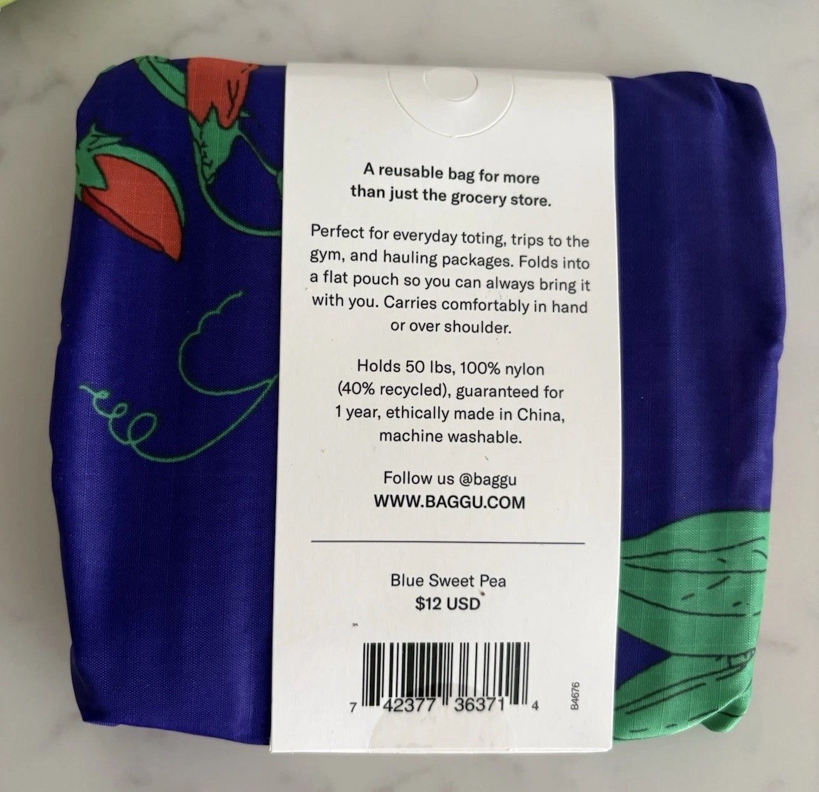 BAGGU Standard Reusable Shopping Bag Blue Sweet Pea Floral 100% Nylon 50lbs