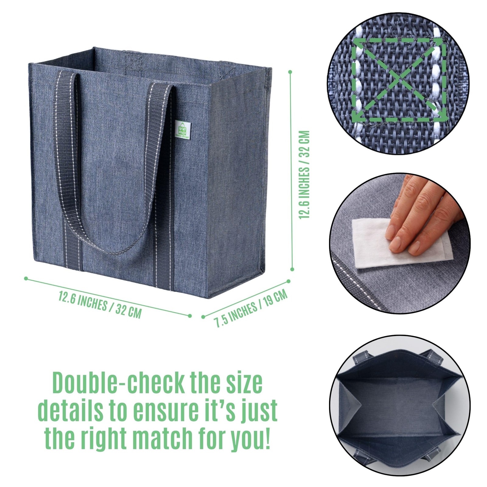 4 Pack Reusable Grocery Shopping Bags, Medium Tote Bag w/Handle & Hard Bottom