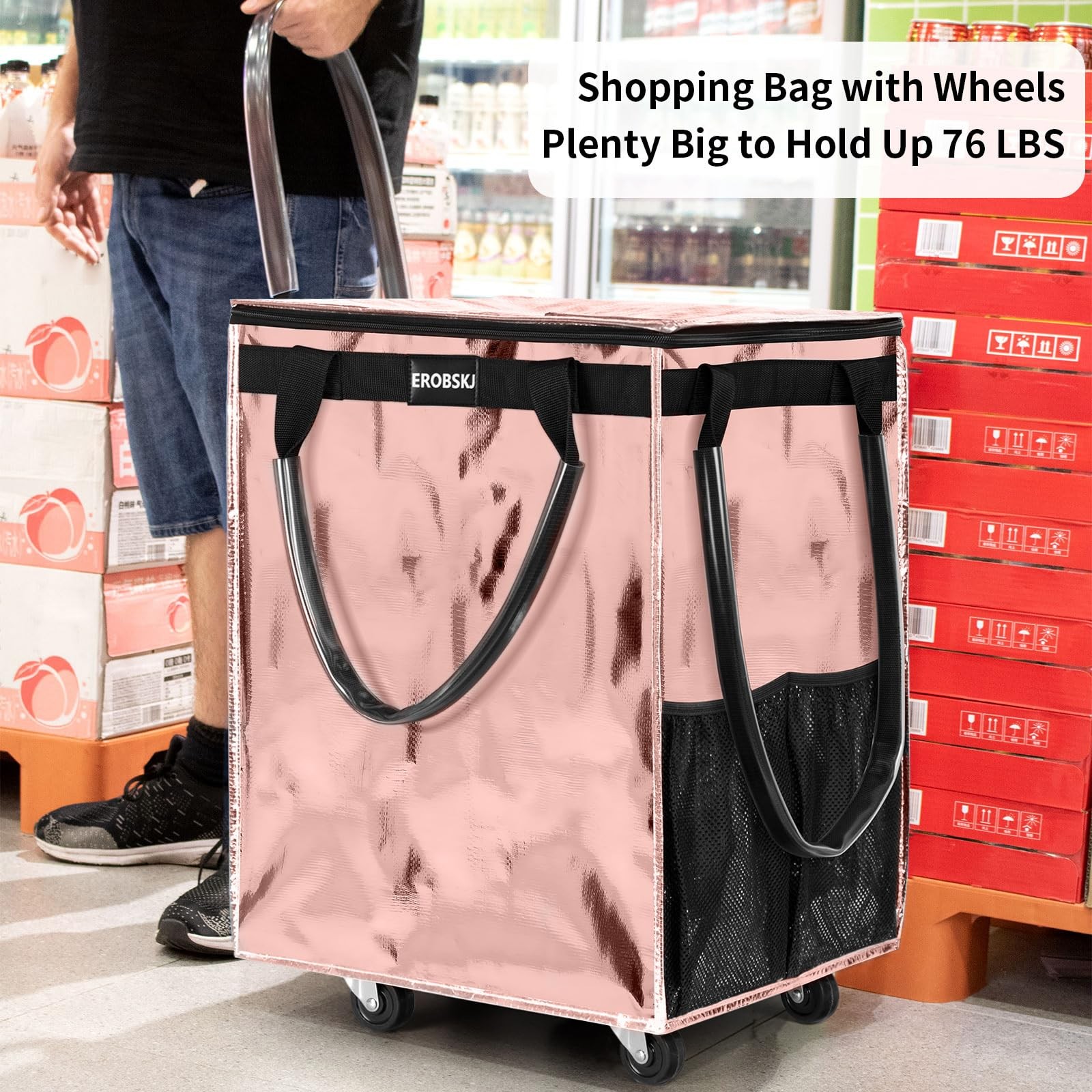 EROBSKJ (Large,Rose Gold) Reusable Grocery Bag on Wheels, Large, Rose Gold