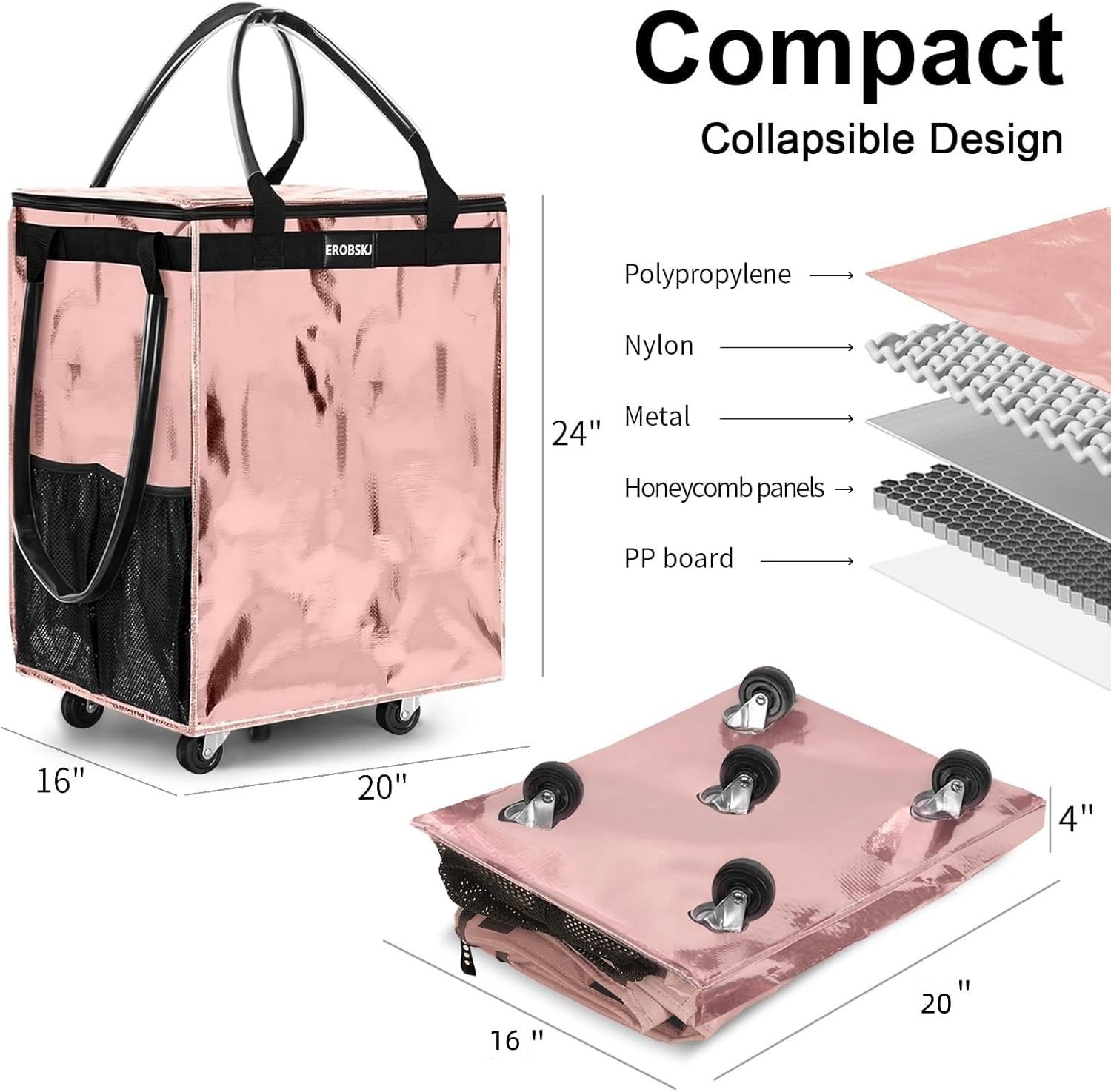 EROBSKJ (Large,Rose Gold) Reusable Grocery Bag on Wheels, Large, Rose Gold