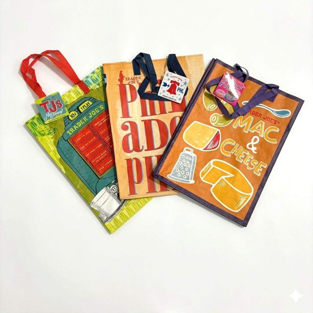 NWT Trader Joe’s Reusable Tote Bag Set Lot of 3 Grocery Shopping Eco Colorful