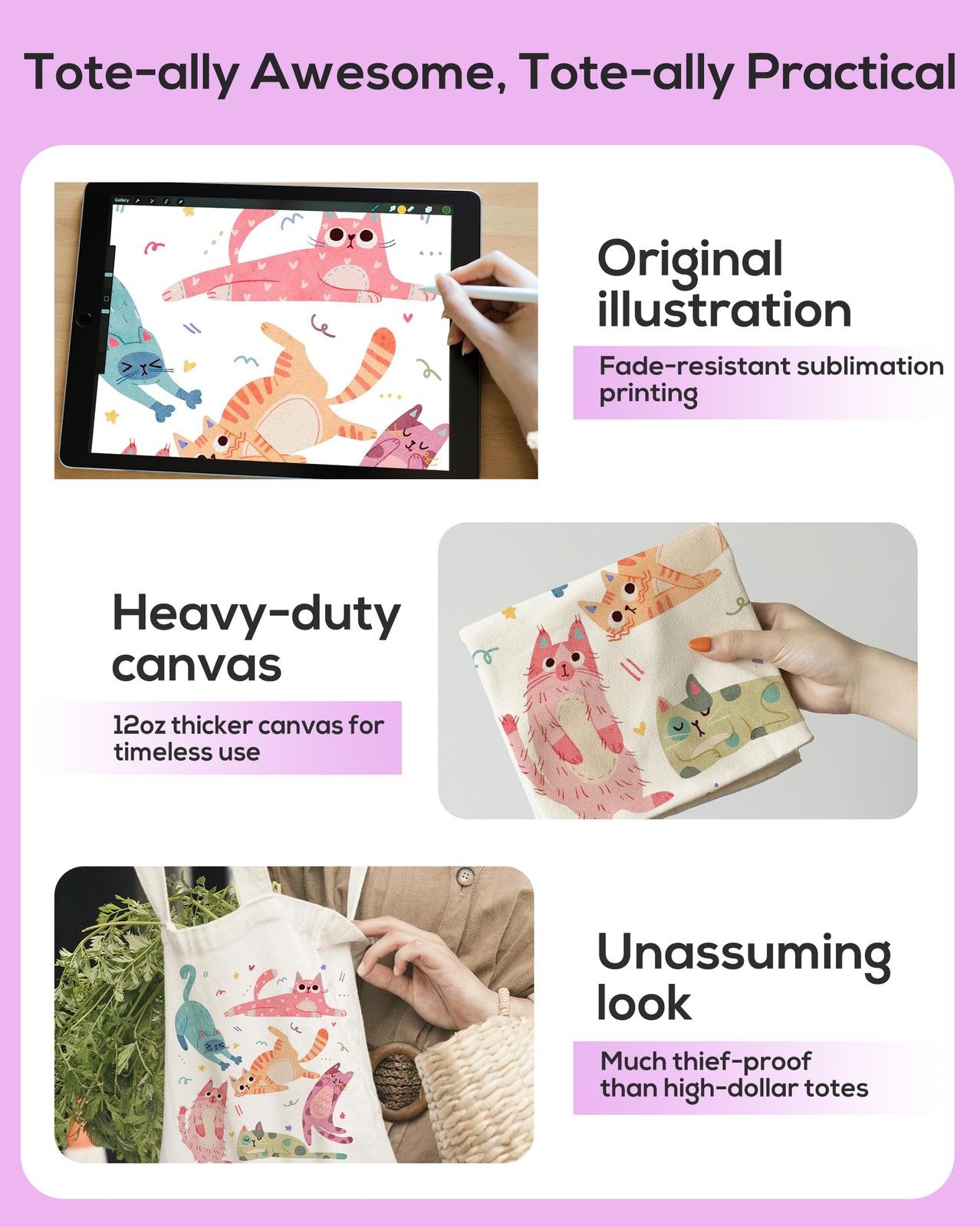 DYALE Cute Tote Bag Double-Sided Prints with Snap Closure, Gifts for Cat Love…