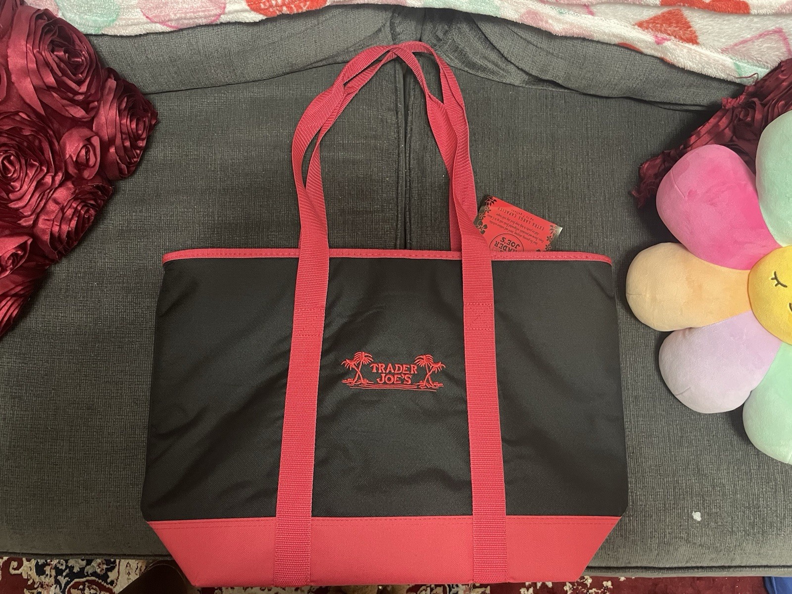 Trader Joe’s Black Red High Density Polyester Reusable Shopping Bag Solid Plain