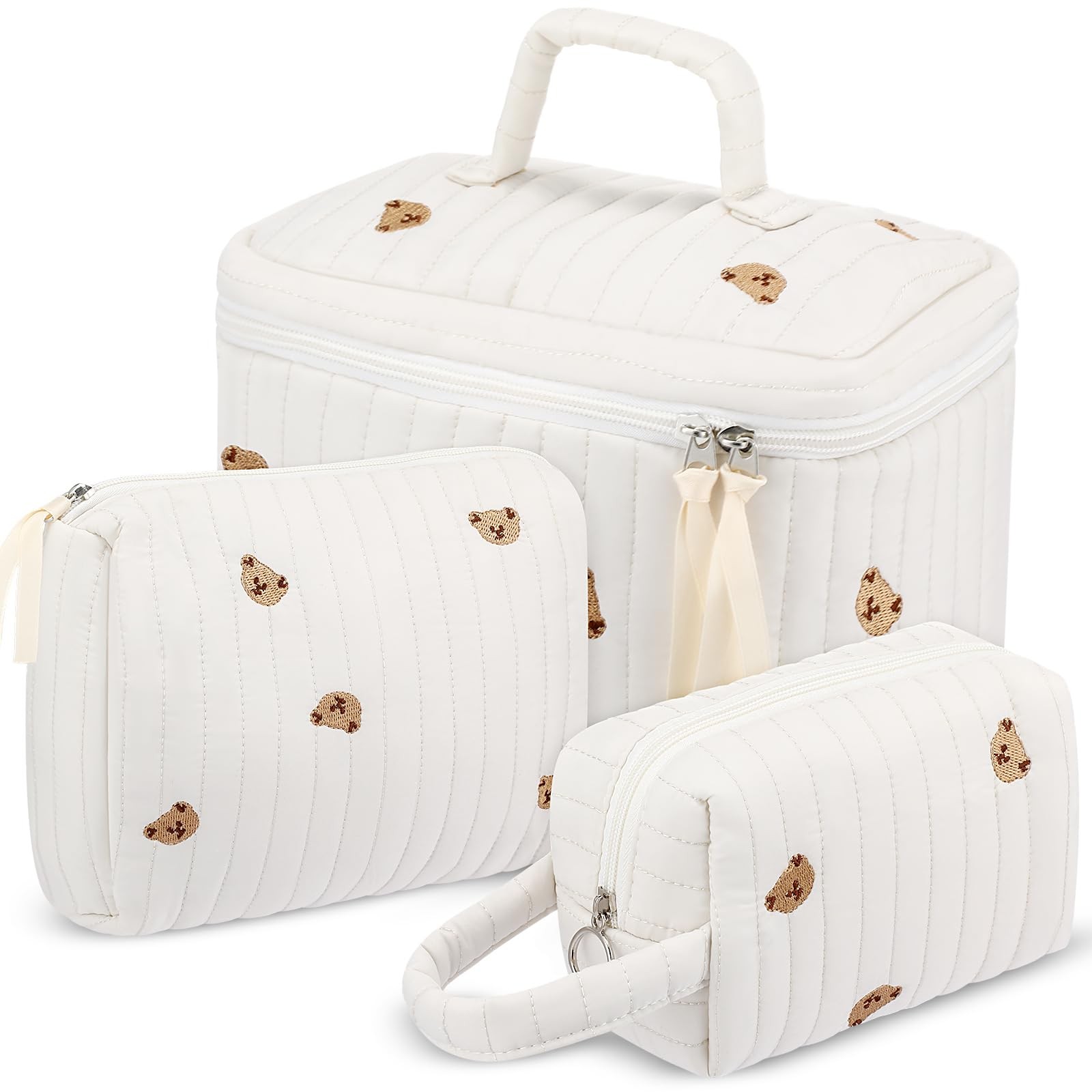 Paterr Makeup Bag Set 3 Pcs Large Quilted Cotton Make up Bags for Women White