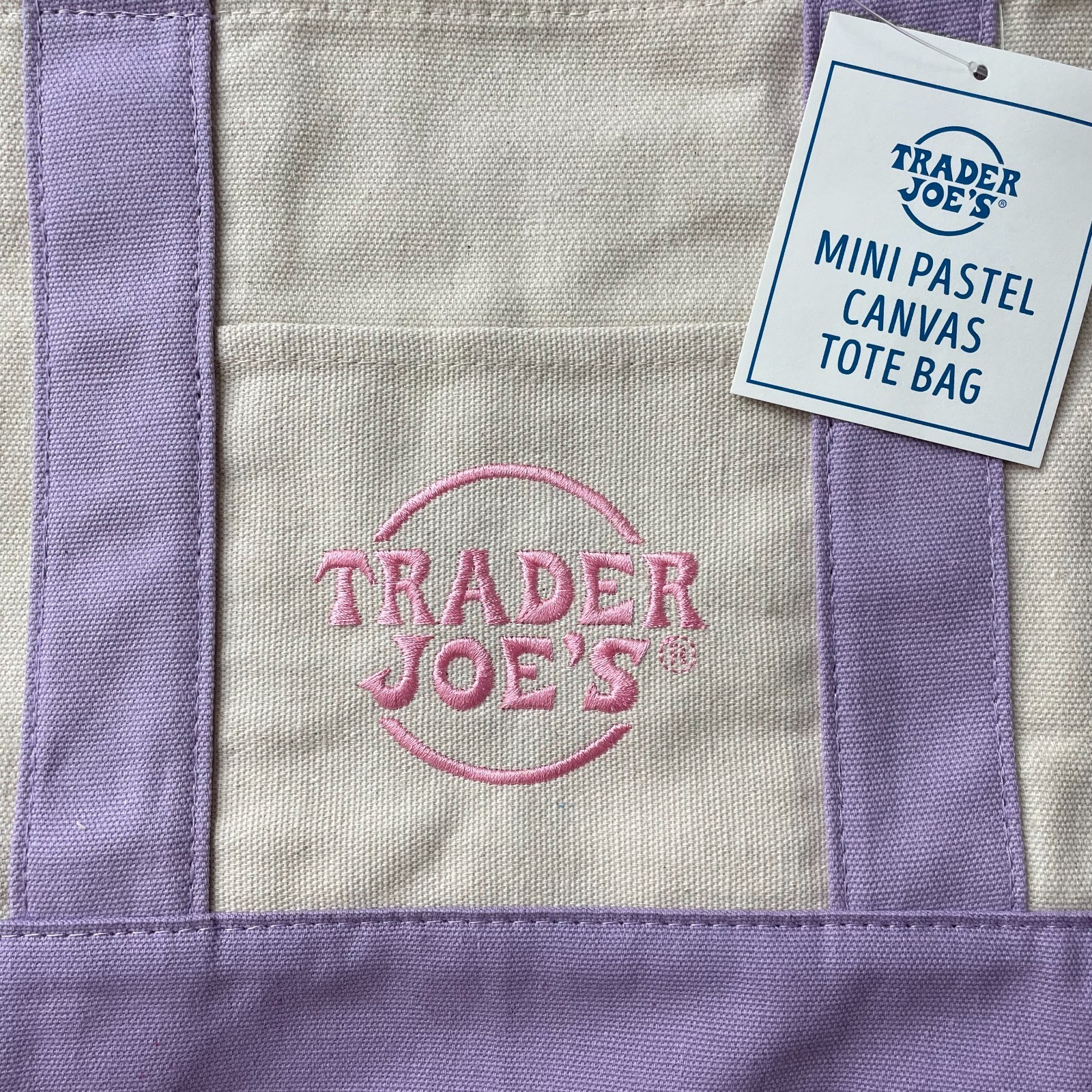 Trader Joe’s Mini Canvas Tote Bag Pastel Purple Green Spring Easter SET of 2 NWT