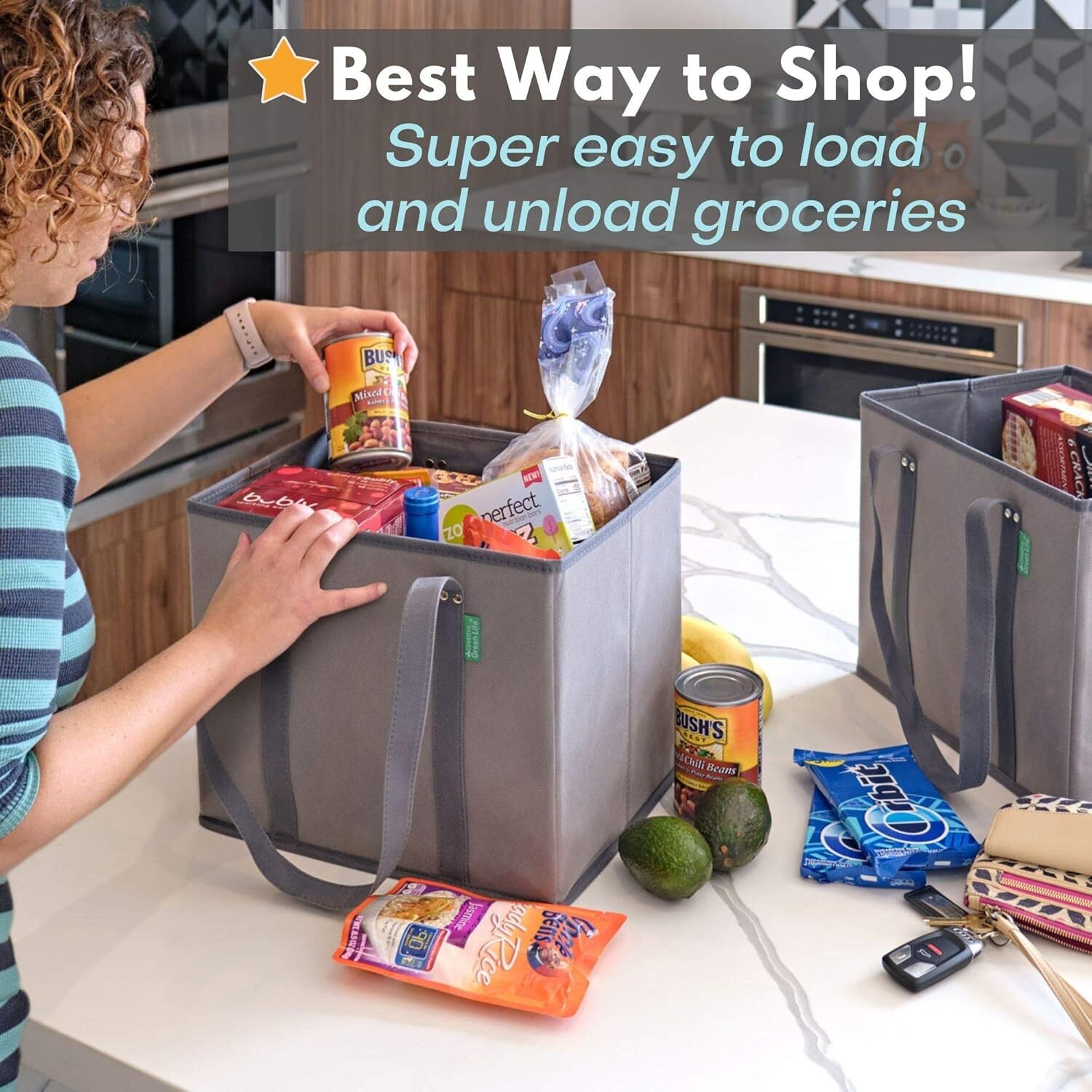 Reusable Grocery Bags, 3 Pack, Heavy Duty Reusable with Box Shape | Navy Blue