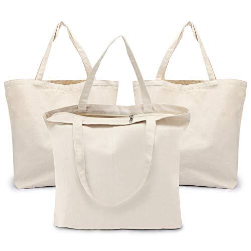 Blank Tote Canvas Bag with Zipper 3 PC 19.7×15.7 inch Bags with Handles 12 Oz…