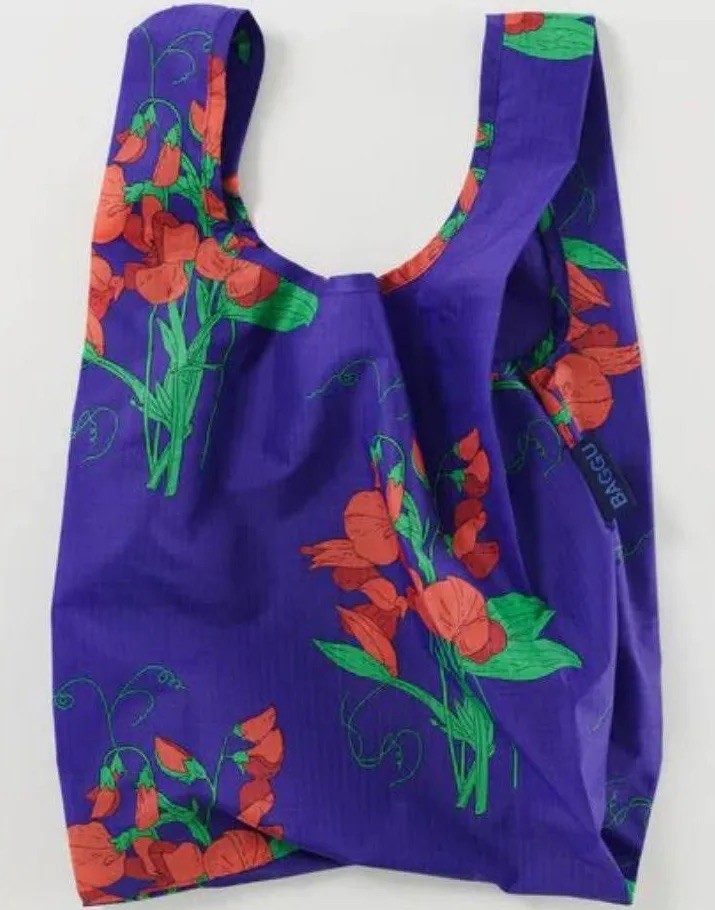 BAGGU Standard Reusable Shopping Bag Blue Sweet Pea Floral 100% Nylon 50lbs