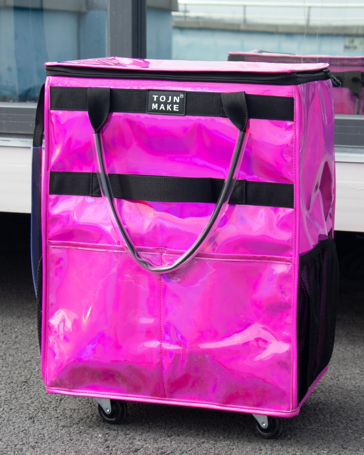 Glitter Red Heavy Duty Reusable Grocery Bag on Wheels with 8 Pockets