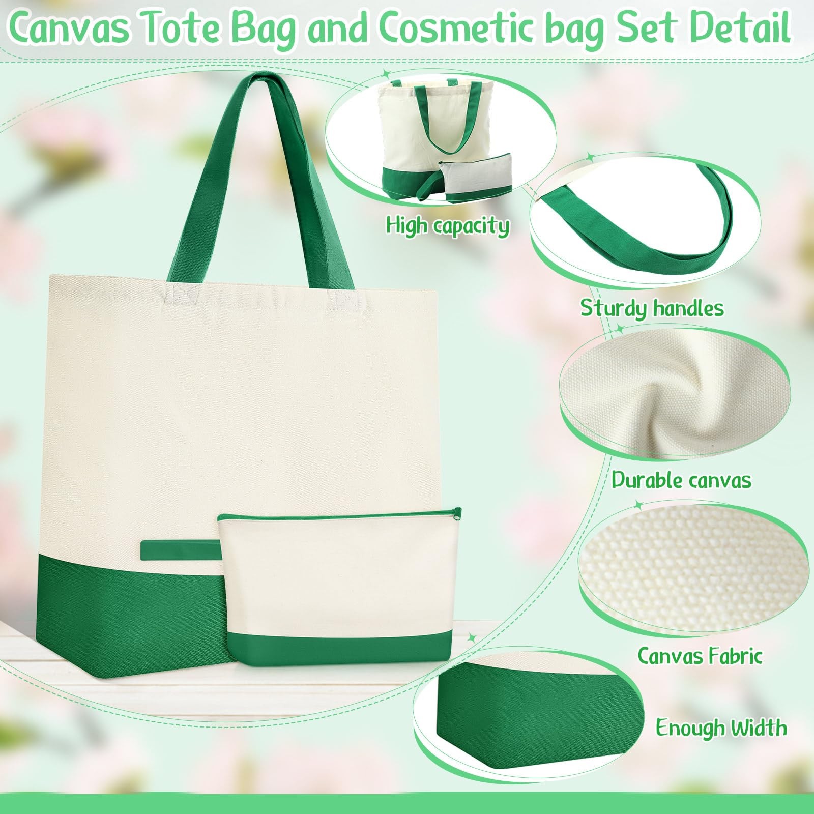 50 Pcs Canvas Tote Bags Bulk with Zipper Cosmetic Pouch 18.5″ Reusable Cotton…