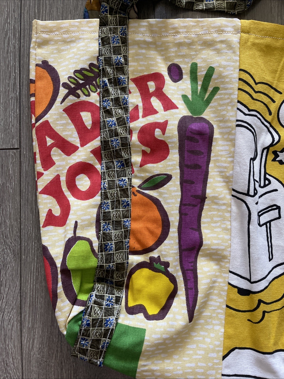 Trader Joe Tote Bag With Two Different Design Using Ties As Handles 17x13x5 1/2