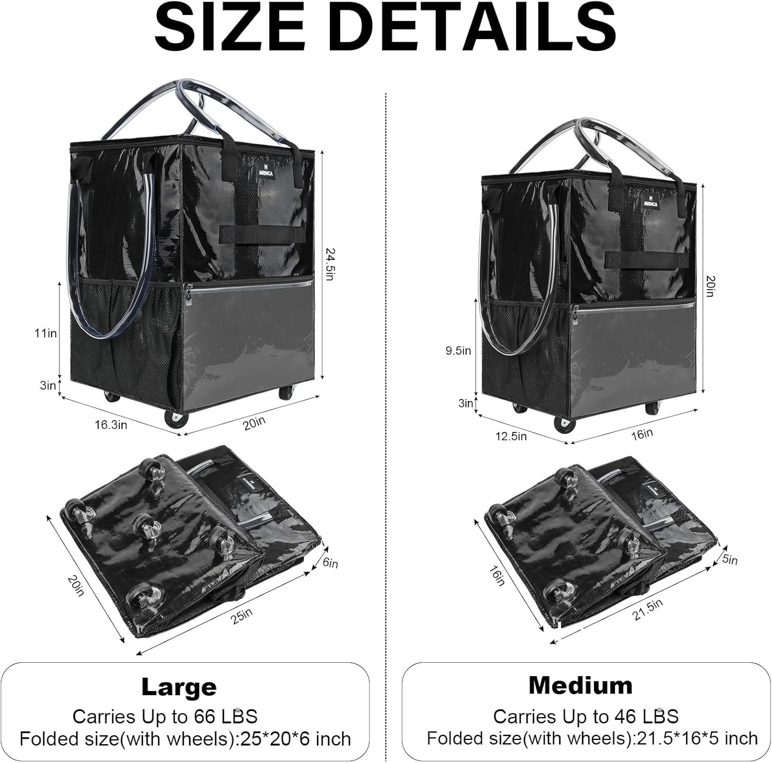 MRINCA Large Reusable Shopping Bag with Wheels Black Multiple Pockets Zippered