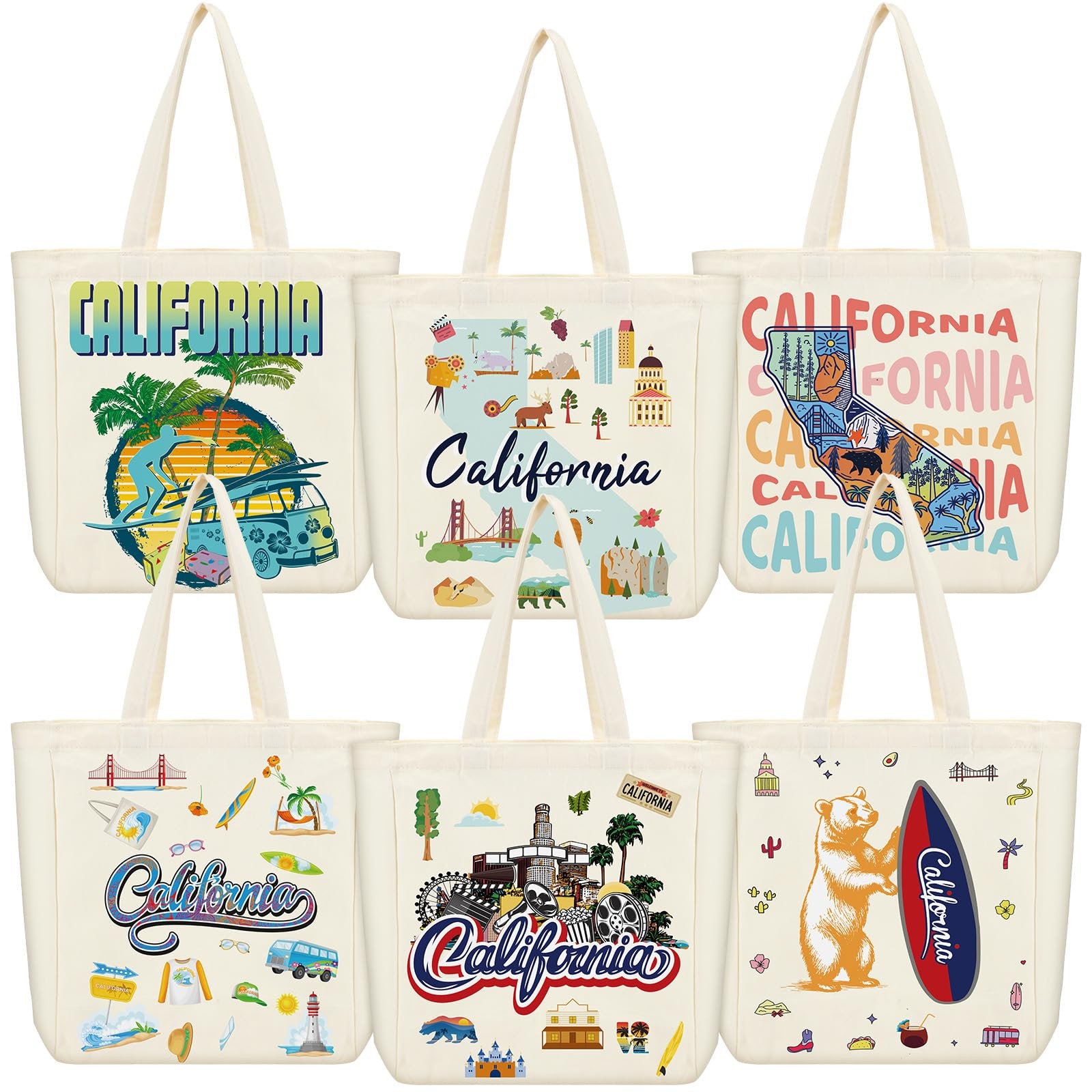 6 Pcs California Large Canvas Tote Bags Reusable City Souvenir Gift Bags with…