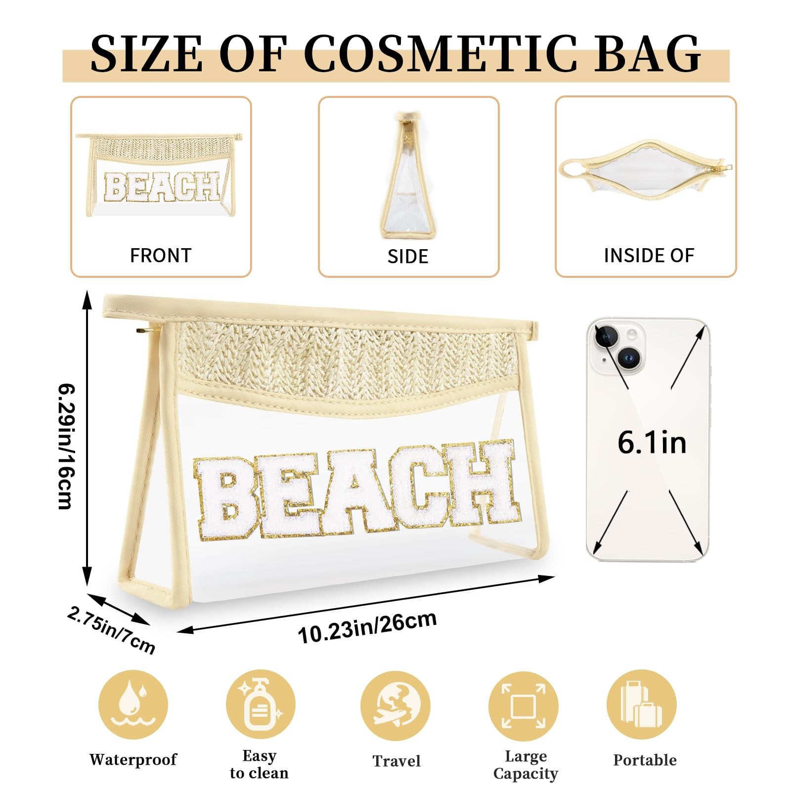 Small Boho Straw Clear Beach Makeup Bags for Women&Girls, Zipper Beige