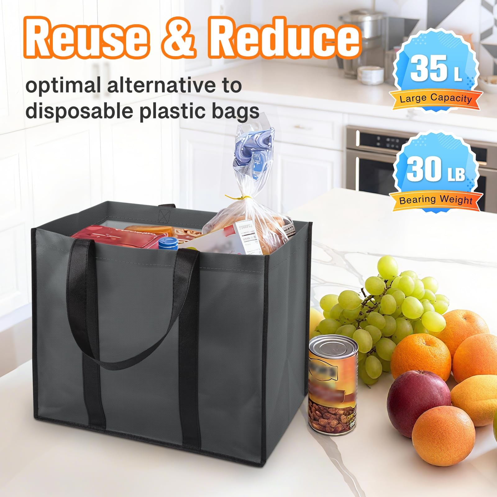 WISELIFE Reusable Grocery Bags with Handles – 3 Pack, 35L Large 3 Gray