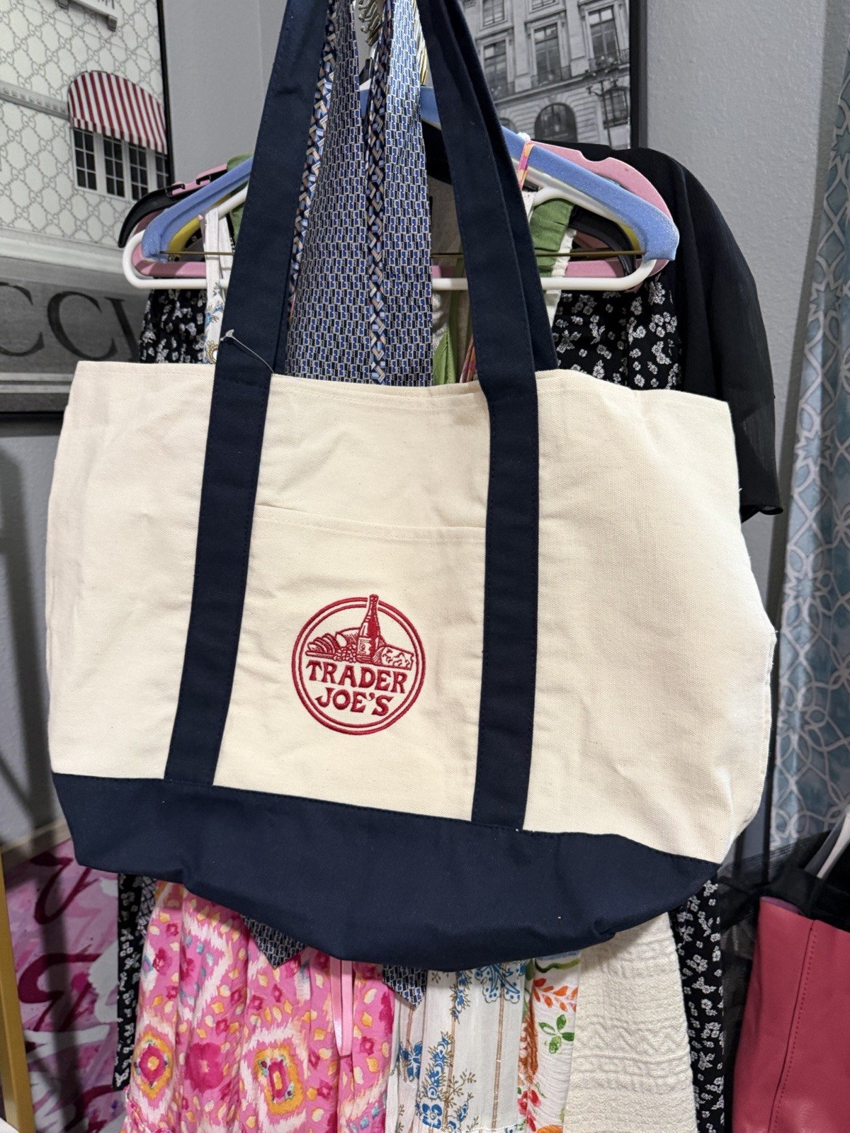 Trader Joe’s Reusable Canvas Tote Shopping Bag Beige/Purple 49x19x29 in